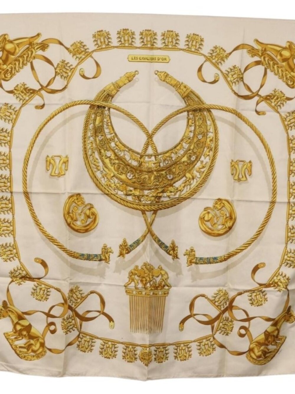 HERMES Carre 90 Scarf ""LES CAVALIERS D'OR"" Silk White Auth 181286 - Picture 1 of 16